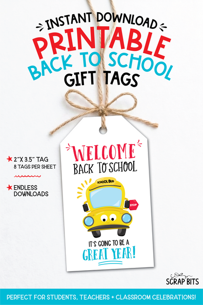 School Bus Gift Tags, Printable Back To School Gift Tags, Instant Download