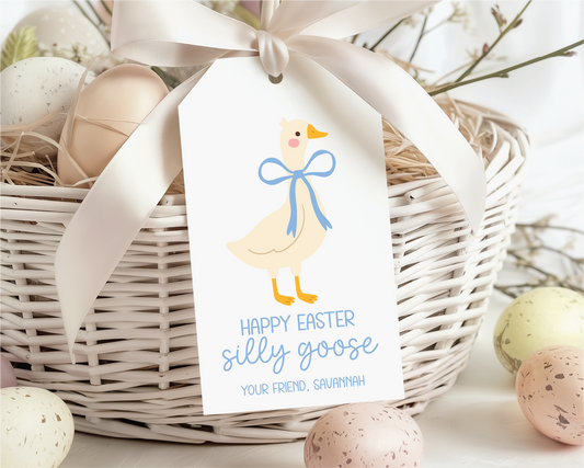 Silly Goose Blue Bow, Personalized Easter Gift Tags
