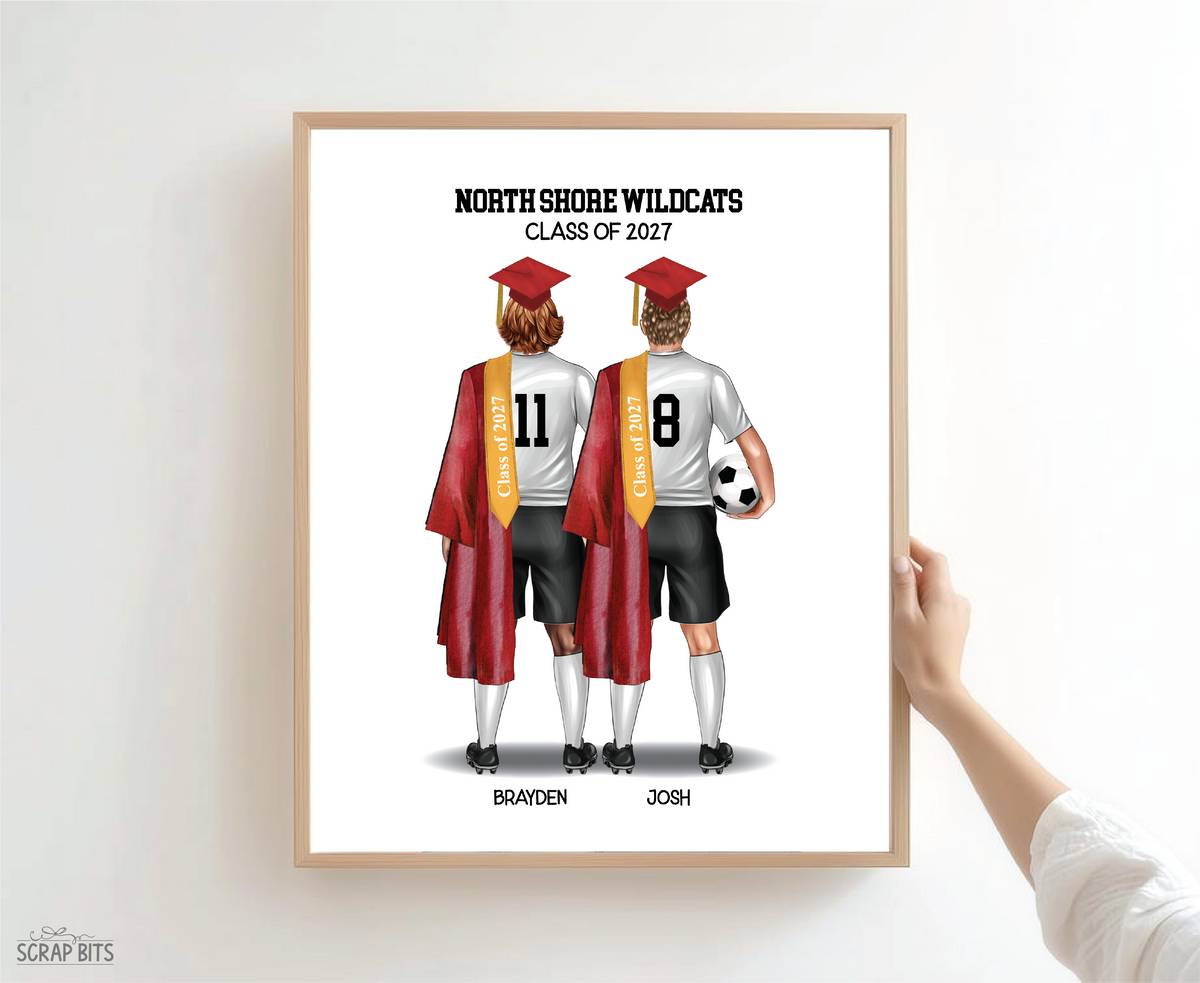 Soccer Friends (Male) Graduation Portrait Print, Custom Digital Drawing