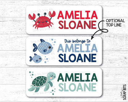 Sea Animals Name Labels, Crab, Turtle, Fish . Personalized Belonging Labels