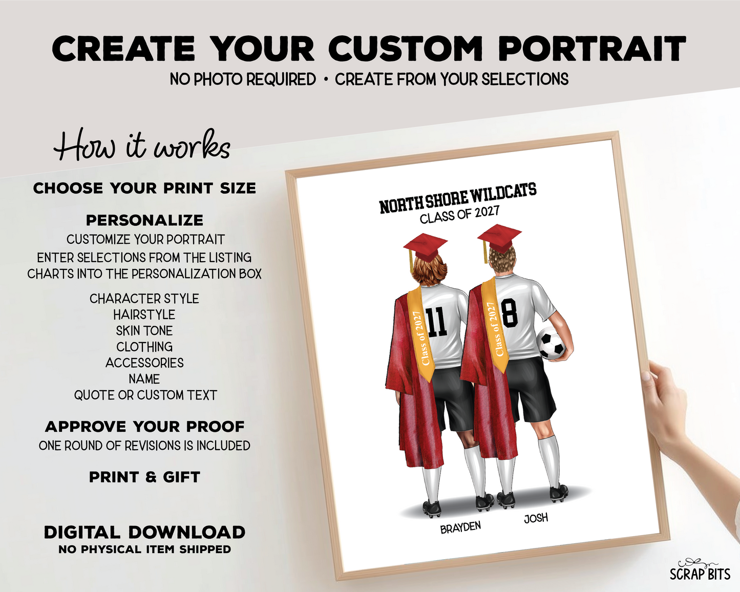 Soccer Friends (Male) Graduation Portrait Print, Custom Digital Drawing