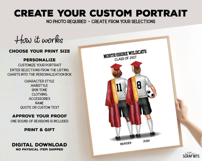 Soccer Friends (Male) Graduation Portrait Print, Custom Digital Drawing