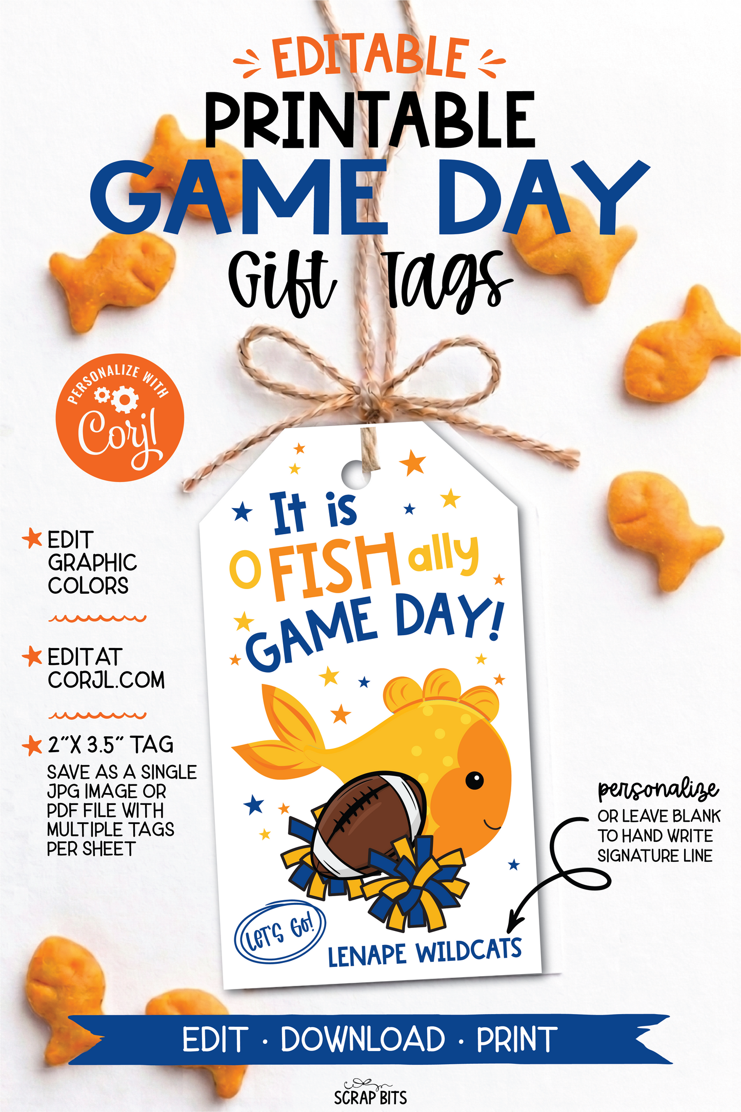 Football + Poms, Printable Game Day Gift Tags, Personalized Editable Template