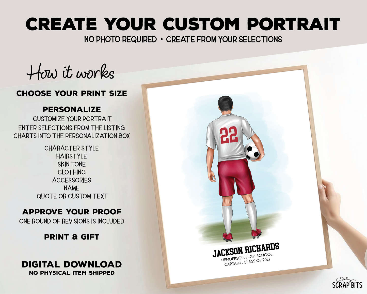 Soccer (Male) Portrait Print, Custom Digital Drawing