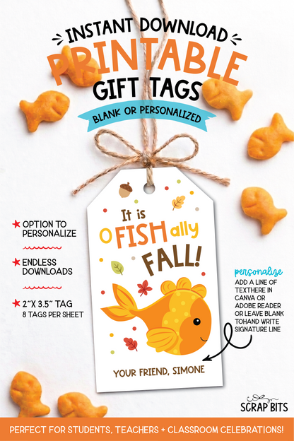 Goldfish O-Fish-Ally Fall Printable Gift Tags . Self Edit Instant Download