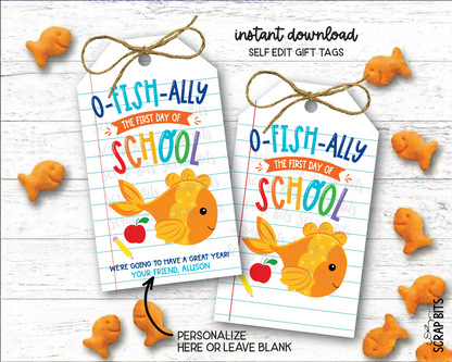 Goldfish O-Fish-Ally First Day Lined Paper Printable Back To School Gift Tags . Self Edit Instant Download
