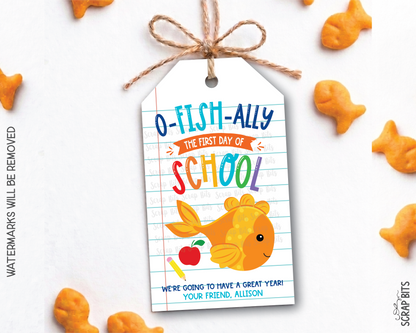 Goldfish O-Fish-Ally First Day Lined Paper Printable Back To School Gift Tags . Self Edit Instant Download