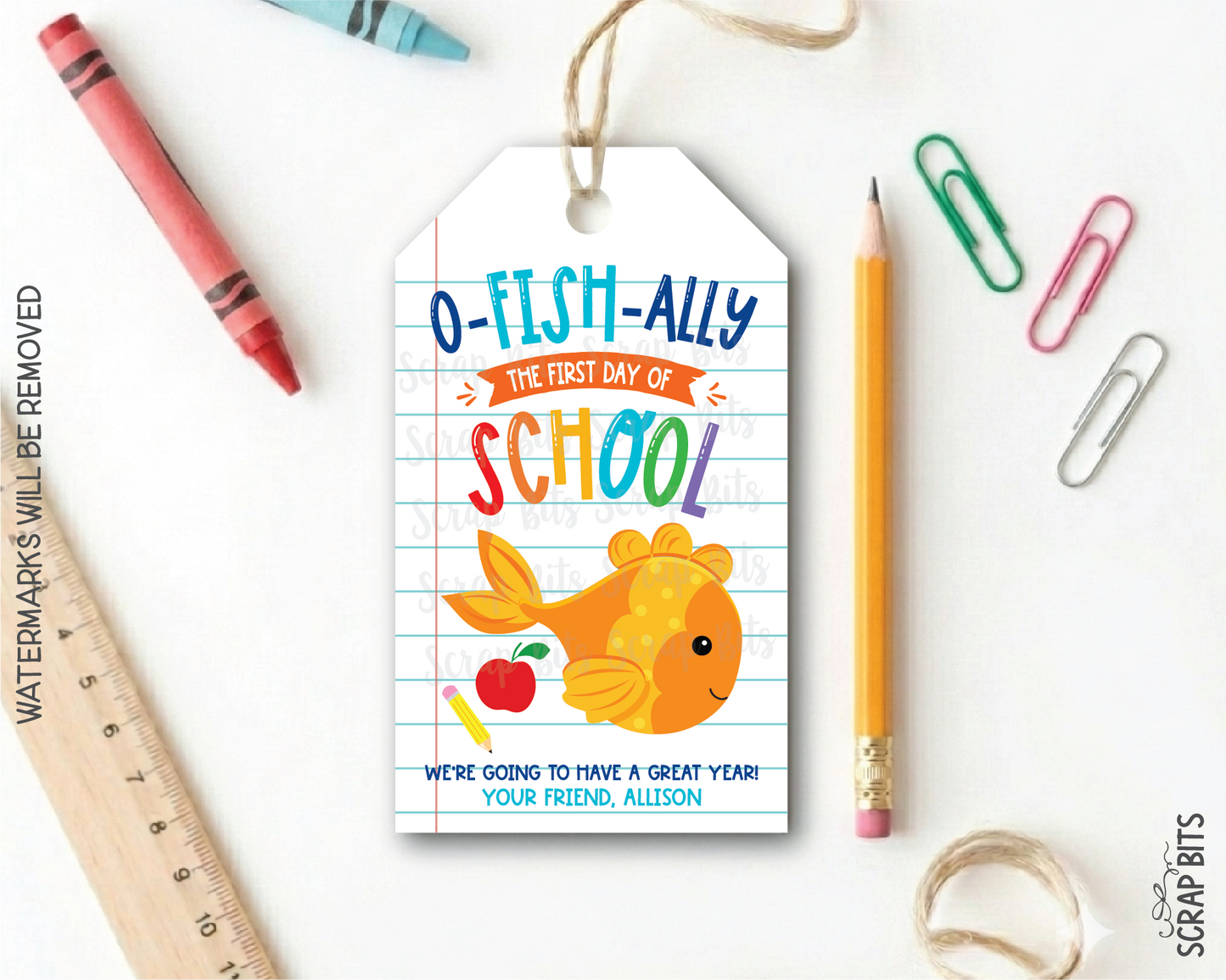 Goldfish O-Fish-Ally First Day Lined Paper Printable Back To School Gift Tags . Self Edit Instant Download