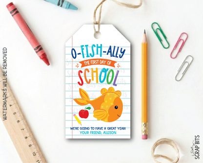 Goldfish O-Fish-Ally First Day Lined Paper Printable Back To School Gift Tags . Self Edit Instant Download