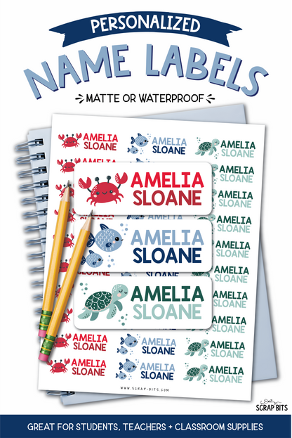 Sea Animals Name Labels, Crab, Turtle, Fish . Personalized Belonging Labels