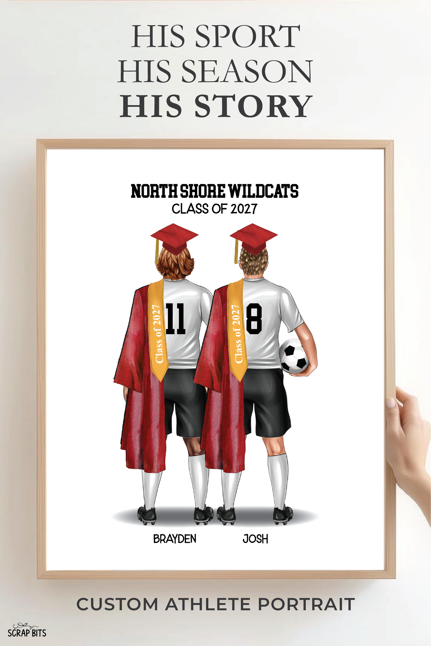 Soccer Friends (Male) Graduation Portrait Print, Custom Digital Drawing