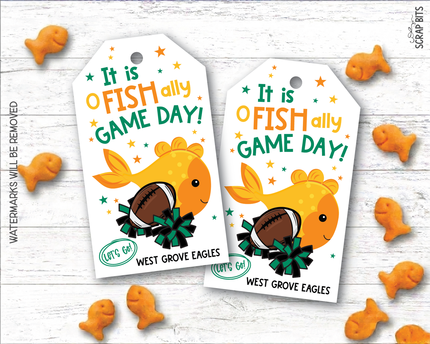 Football Goldfish Game Day Gift Tags, Good Luck Treat Bag Labels