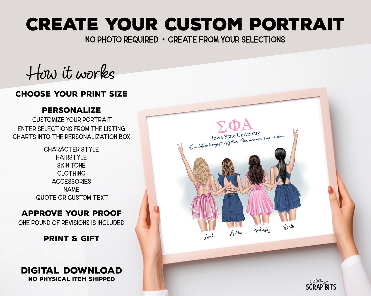 Sorority Besties Custom Digital Portrait, Personalized Gift Illustration Print