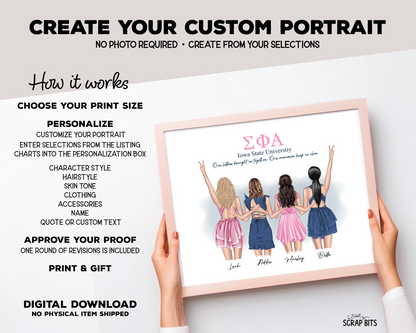 Sorority Besties Custom Digital Portrait, Personalized Gift Illustration Print