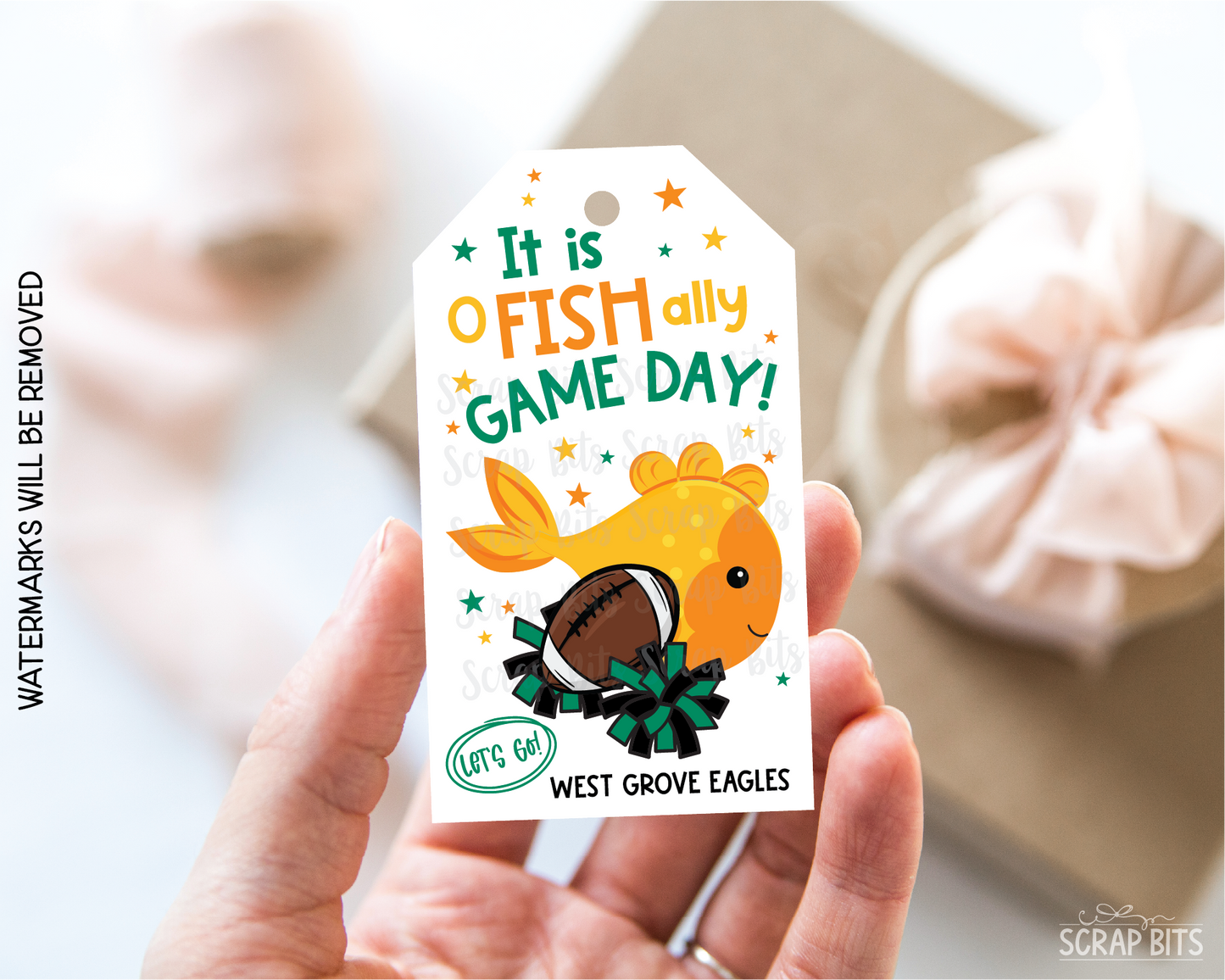 Football Goldfish Game Day Gift Tags, Good Luck Treat Bag Labels