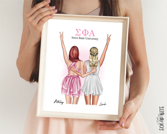 Sorority Sisters Custom Digital Portrait, Personalized Gift Illustration Print