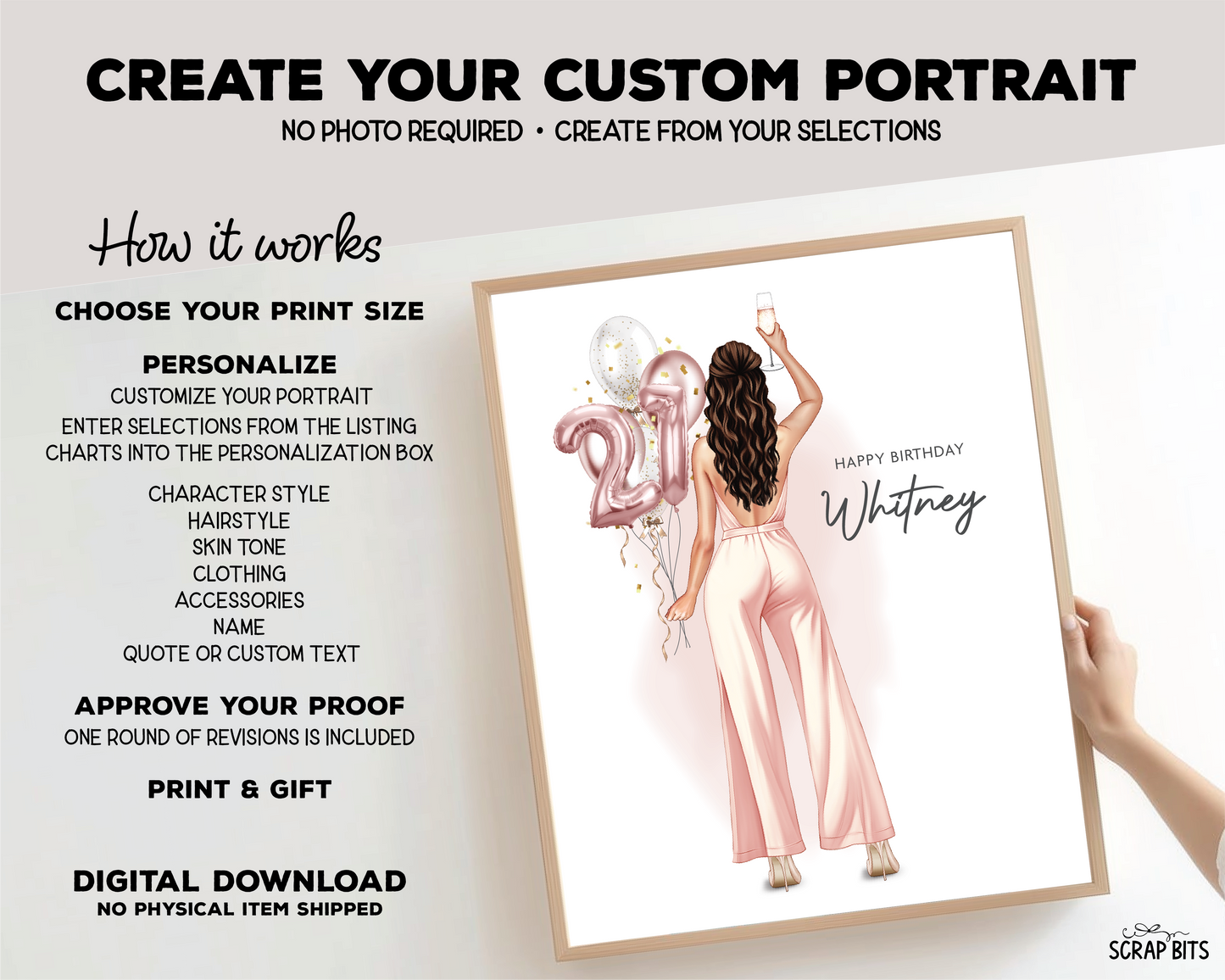 21st Birthday Portrait Print, Custom Digital Drawing - Pant Suit