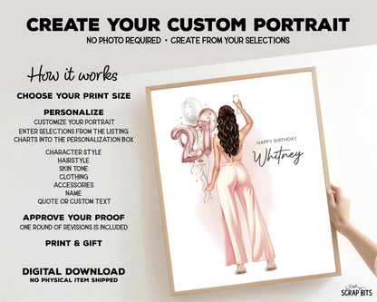 21st Birthday Portrait Print, Custom Digital Drawing - Pant Suit