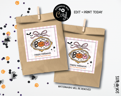 Pink Gingham Coquette Boo Frame, Printable Halloween Tags, Instant Download Editable Template