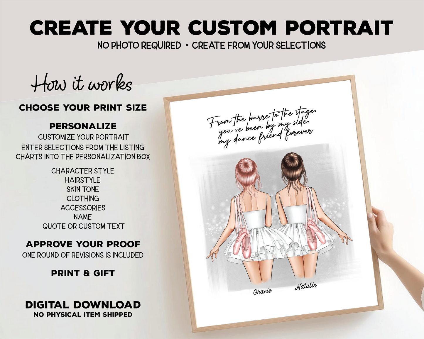 Ballerina Besties Portrait Print, Half Body, Custom Digital Drawing