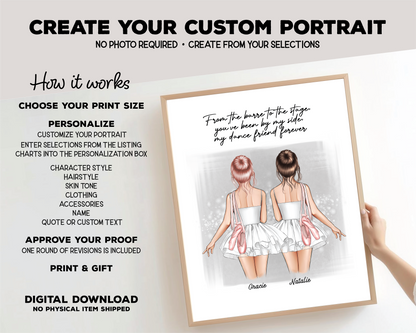 Ballerina Besties Portrait Print, Half Body, Custom Digital Drawing
