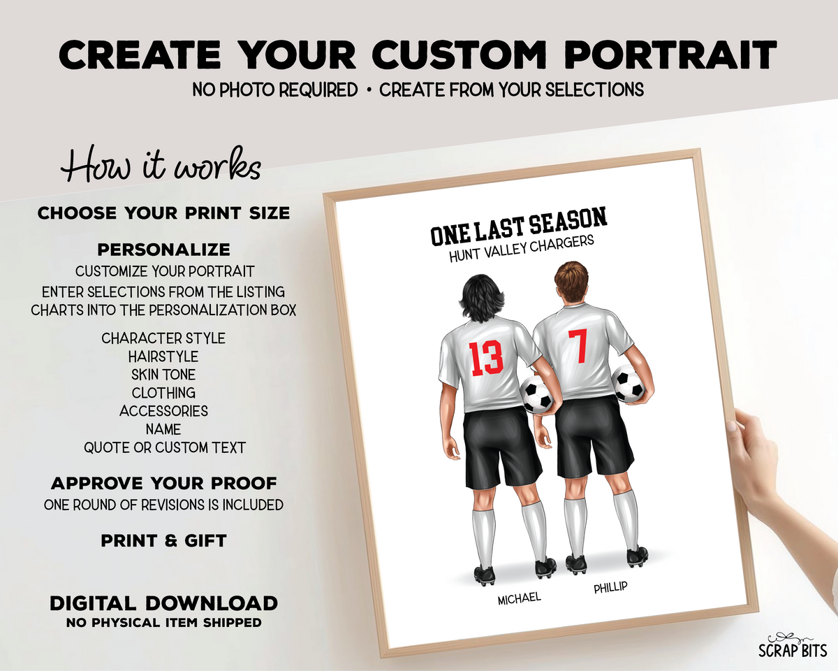 Soccer Friends (Male) Portrait Print, Custom Digital Drawing