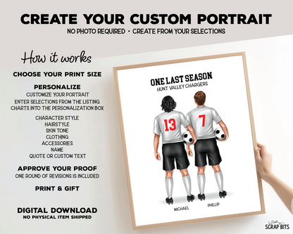 Soccer Friends (Male) Portrait Print, Custom Digital Drawing