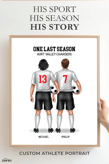 Soccer Friends (Male) Portrait Print, Custom Digital Drawing
