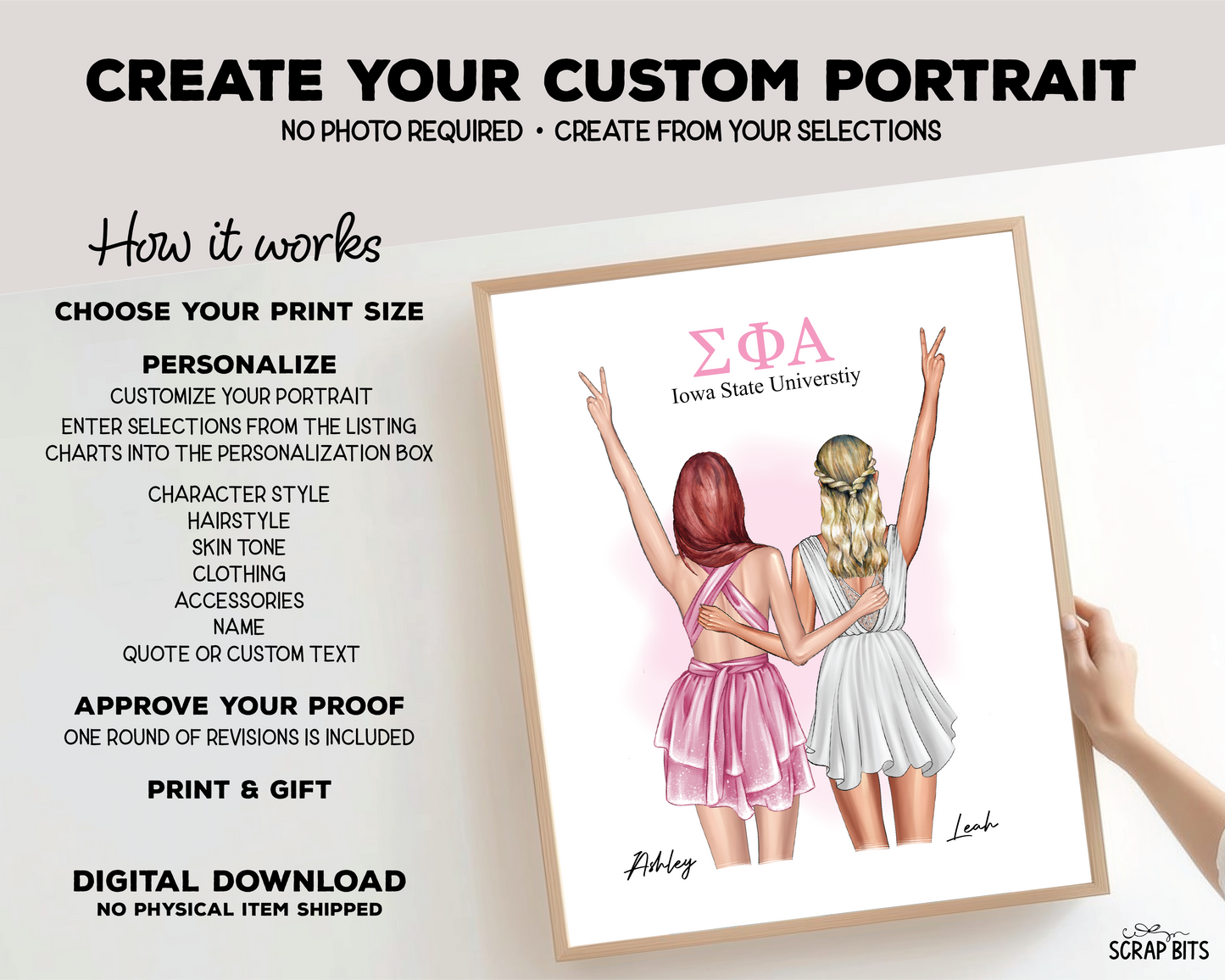 Sorority Sisters Custom Digital Portrait, Personalized Gift Illustration Print
