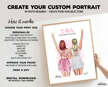 Sorority Sisters Custom Digital Portrait, Personalized Gift Illustration Print