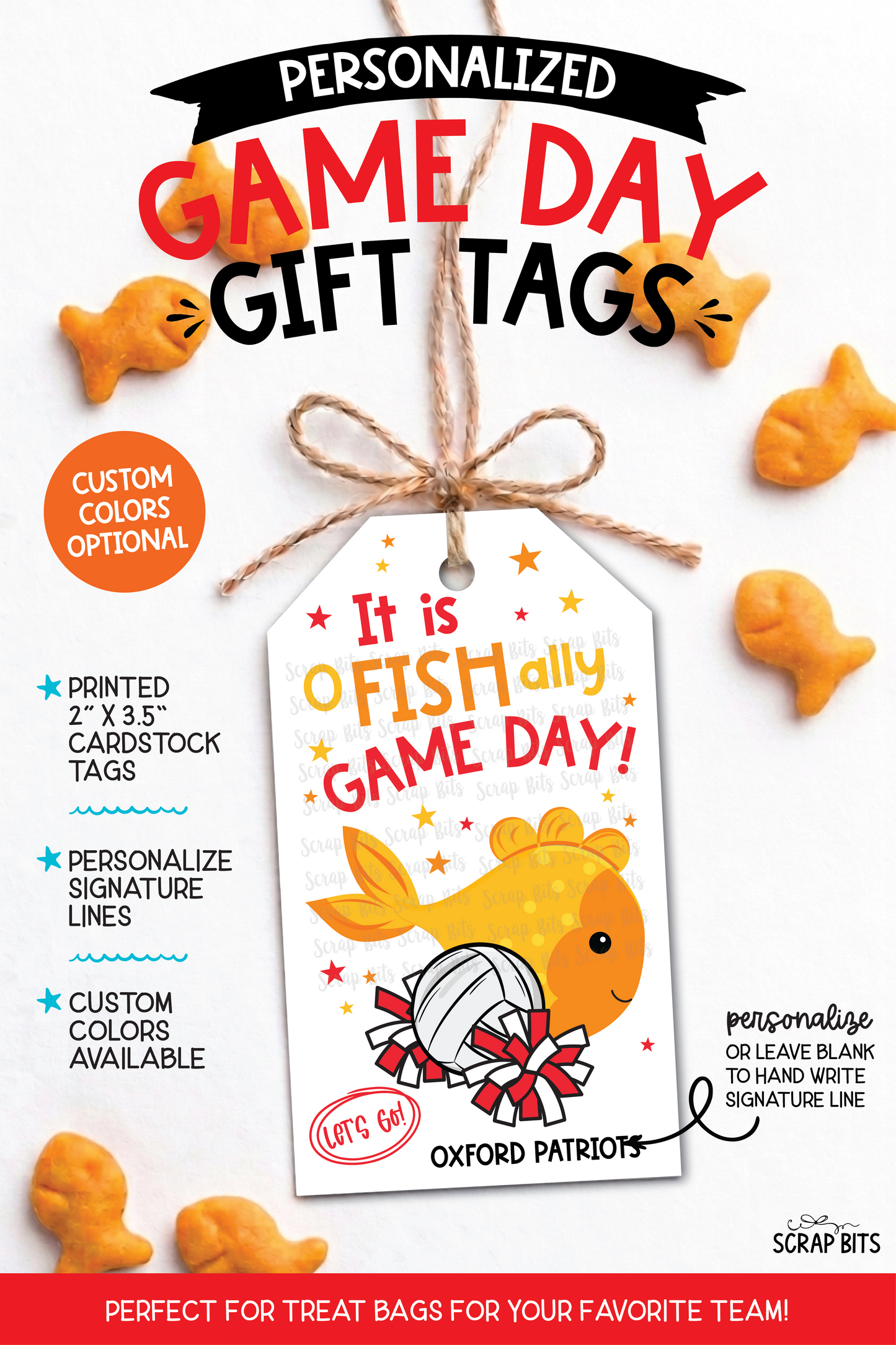 Volleyball Goldfish Game Day Gift Tags, Good Luck Treat Bag Labels