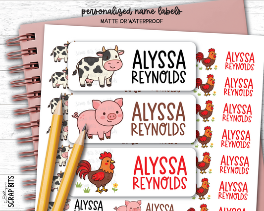 Farm Animals Name Labels . Cow Pig Rooster Personalized Belonging Labels