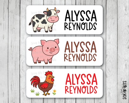 Farm Animals Name Labels . Cow Pig Rooster Personalized Belonging Labels