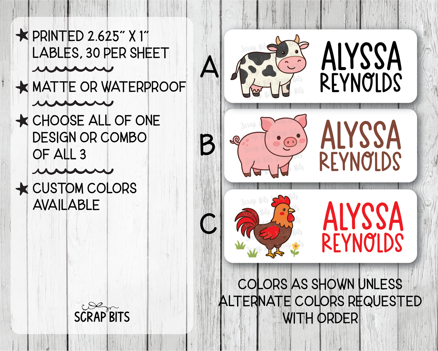 Farm Animals Name Labels . Cow Pig Rooster Personalized Belonging Labels