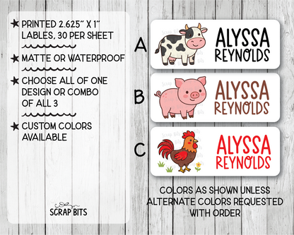 Farm Animals Name Labels . Cow Pig Rooster Personalized Belonging Labels