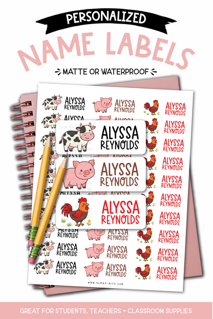 Farm Animals Name Labels . Cow Pig Rooster Personalized Belonging Labels