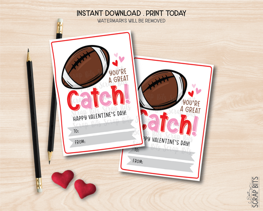 Football Valentines, You're A Great Catch, Printable Classroom Exchange Cards, Instant Download