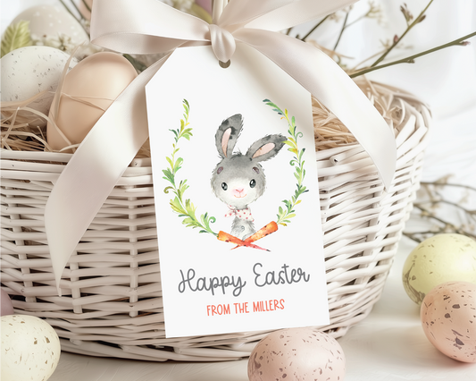 Watercolor Bunny Carrot Wreath, Personalized Easter Gift Tags