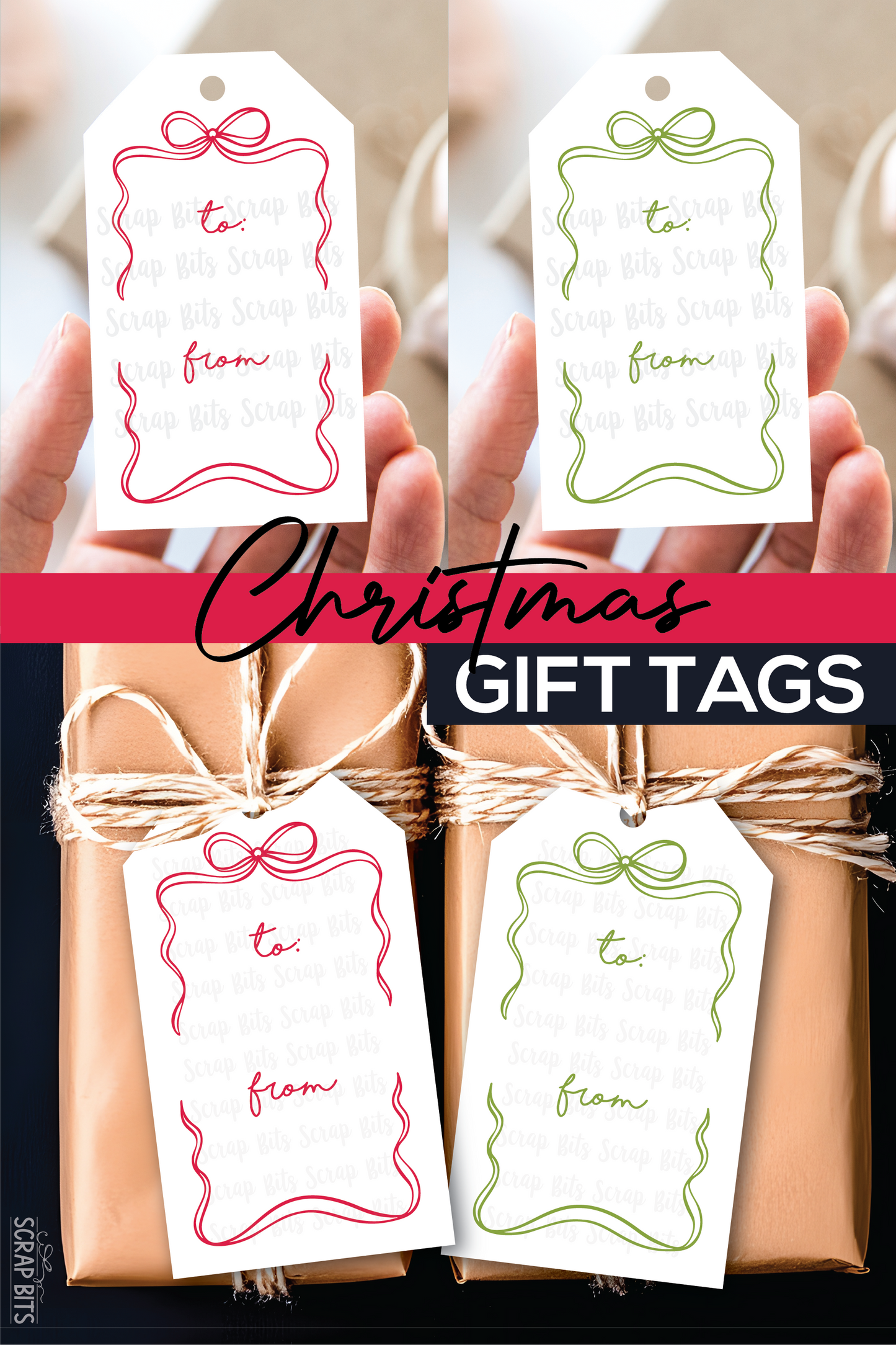 Coquette Wiggle Bow Frame, Pink & Green, To From Christmas Gift Tag Set