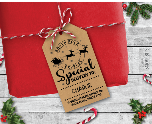 North Pole Express Special Delivery, Santa Sleigh Personalized Kraft Christmas Gift Tags
