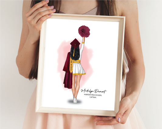 Cheerleader Graduation Portrait Print, Female High Poms, Custom Senior Gift, Digital Download