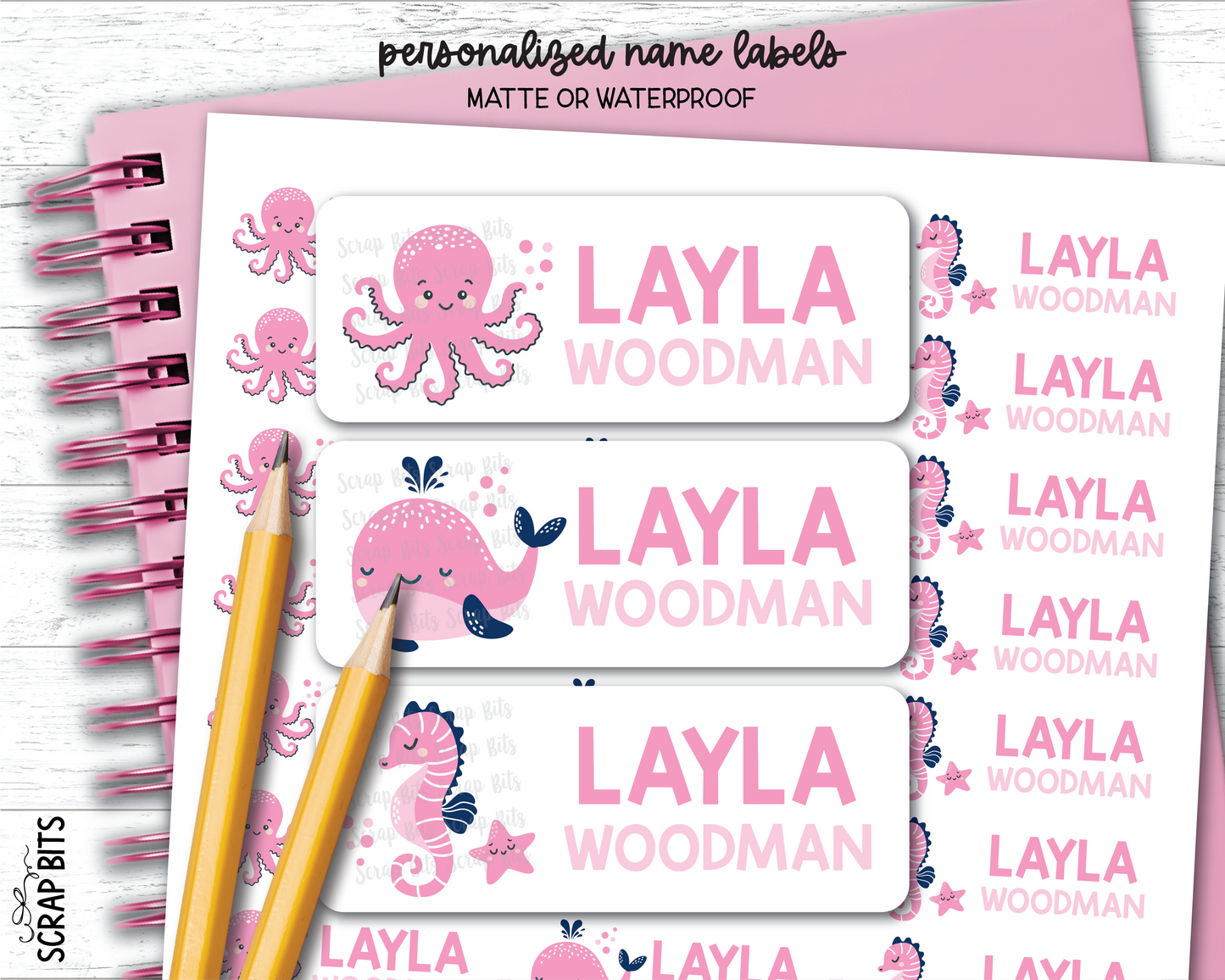 Pink Sea Animals Name Labels, Octopus, Whale, Seahorse . Personalized Belonging Labels