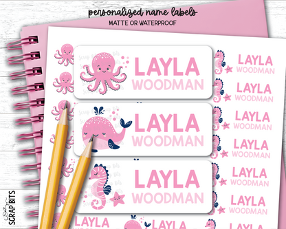 Pink Sea Animals Name Labels, Octopus, Whale, Seahorse . Personalized Belonging Labels