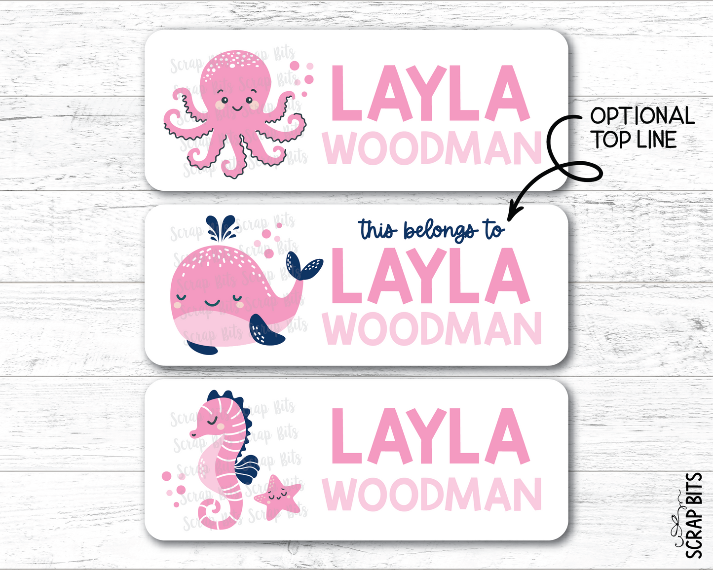 Pink Sea Animals Name Labels, Octopus, Whale, Seahorse . Personalized Belonging Labels