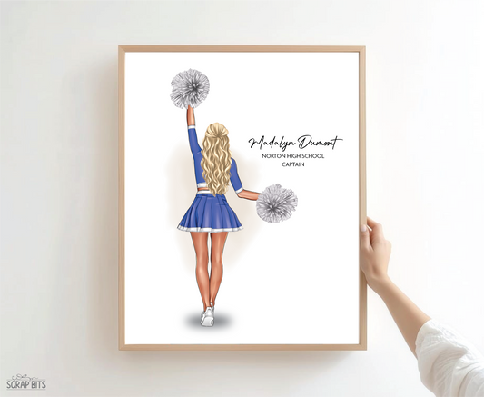Cheerleader Portrait Print, Custom Digital Drawing - High Poms