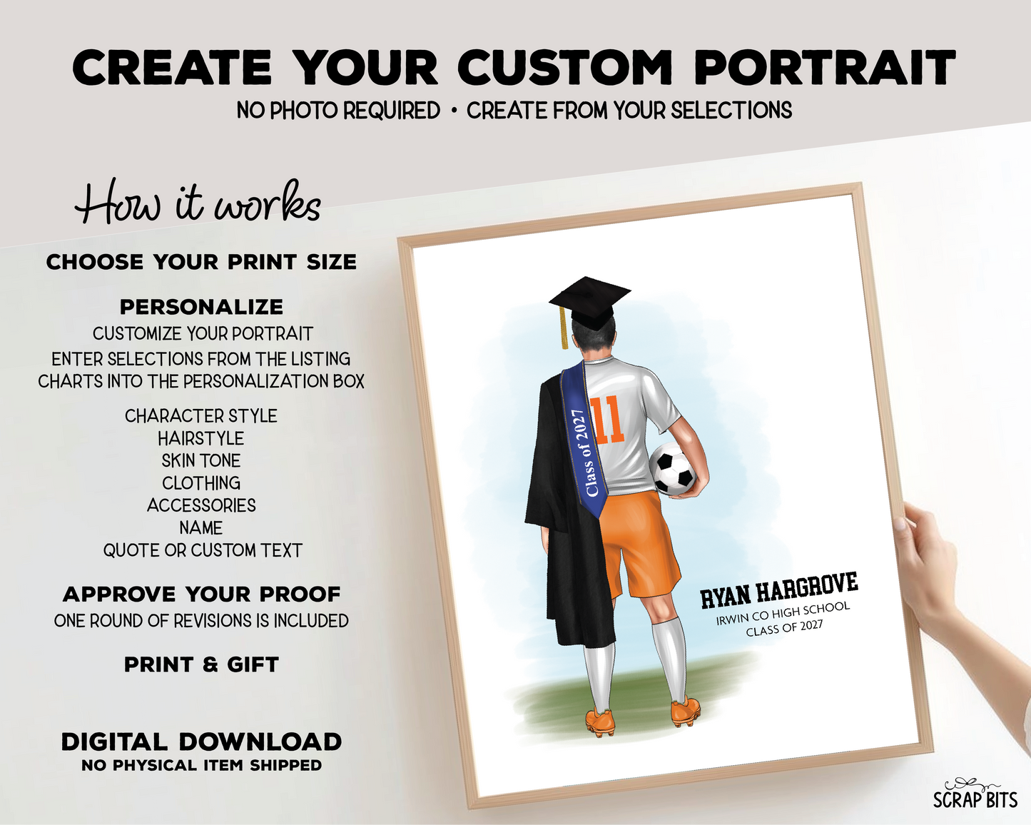 Soccer (Male) Graduation Portrait Print, Custom Digital Drawing