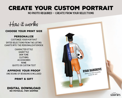 Soccer (Male) Graduation Portrait Print, Custom Digital Drawing