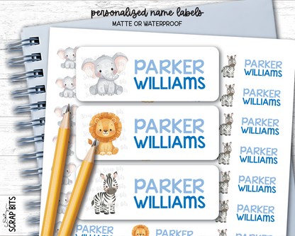 Jungle Animals Name Labels, Elephant, Lion, Zebra . Personalized Belonging Labels