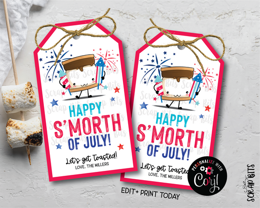 Happy S'morth of July Tags, Angle Top, EDITABLE Printable Digital Download