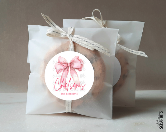 Pink Bow Name Birthday Favor Labels, Sweet 16 Personalized Stickers or Tags